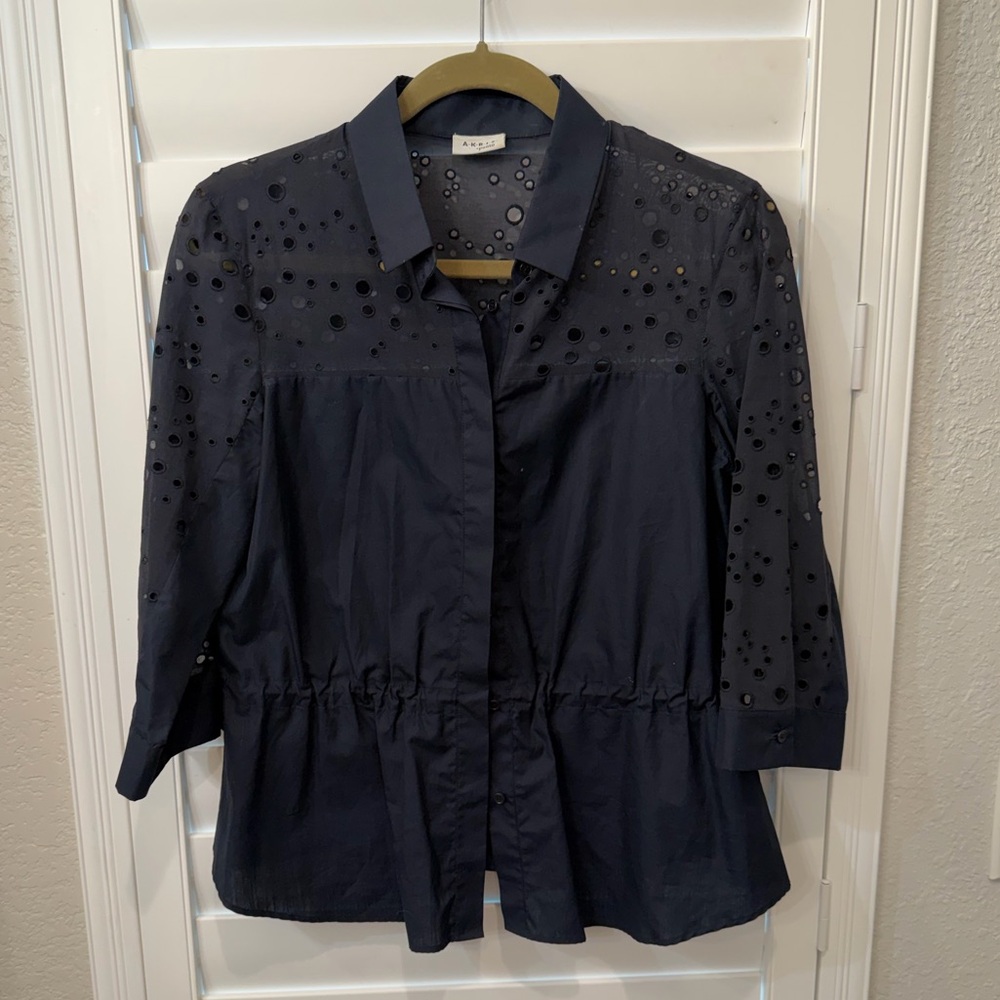 Akris Punto Authentic Navy Eyelet Button-Down Peplum Shirt